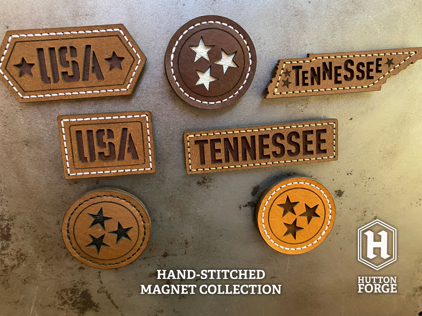 Hand-stitched leather magnets featuring Tennessee and USA designs,  from the Hutton Forge Hand Stitched Magnet Collection.
