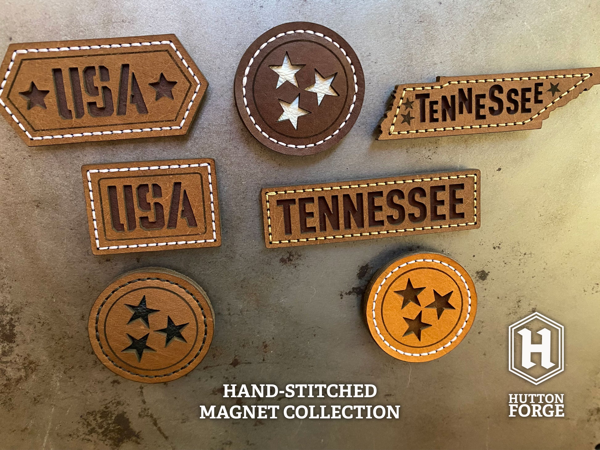 Hand-stitched leather magnets featuring Tennessee and USA designs,  from the Hutton Forge Hand Stitched Magnet Collection.