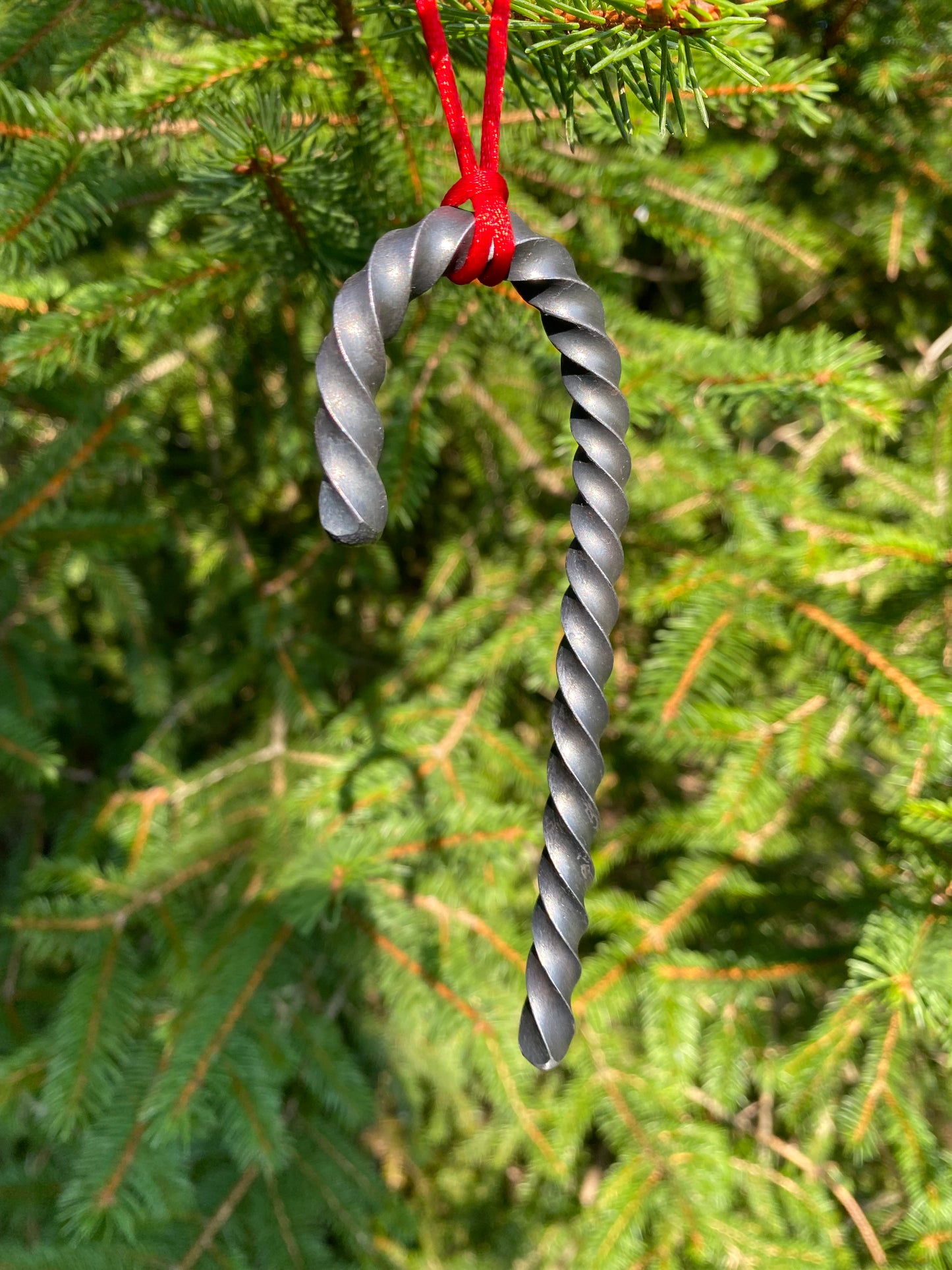 A twisted metal candy cane ornament hanging from a red string against a blurred background of green evergreen branches. Hutton Forge