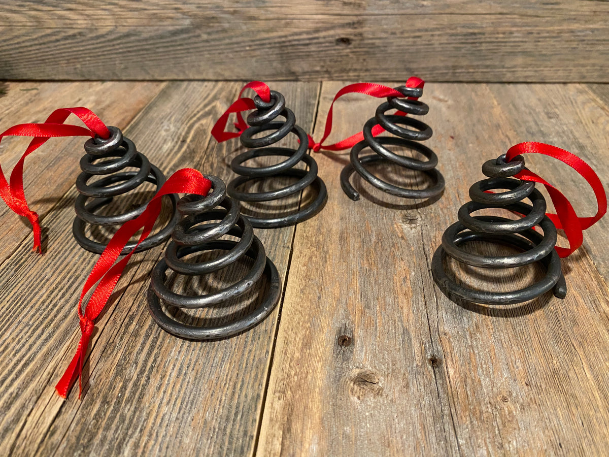 Unique blacksmith spiral Christmas tree ornaments made by Hutton Forge.
