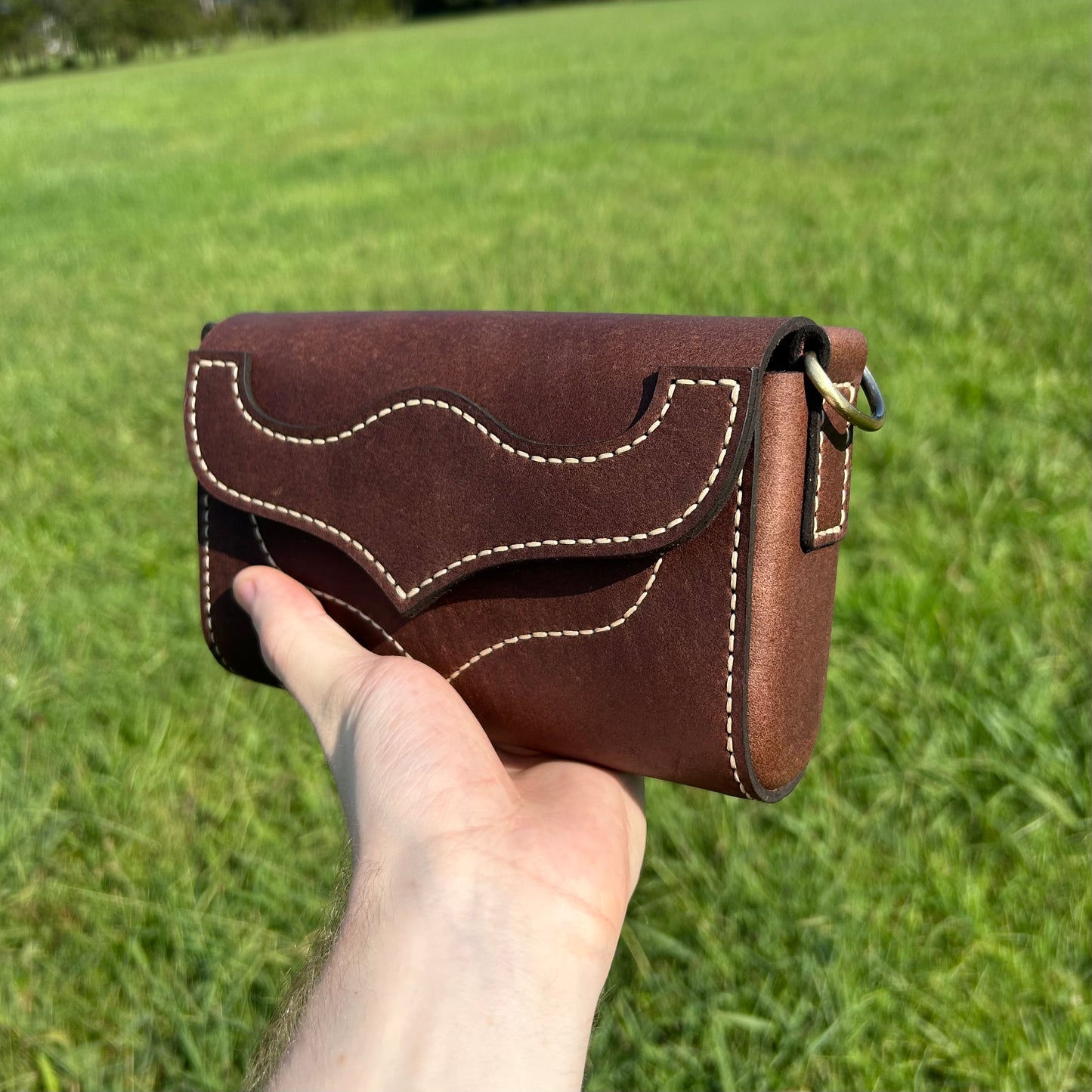 A hand holding a small brown leather purse with tan stitching, set against a blurred green grass background.