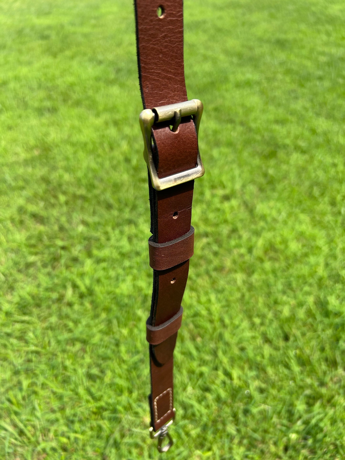A close-up of a brown leather strap with a brass buckle, hanging against a blurred green grass background.