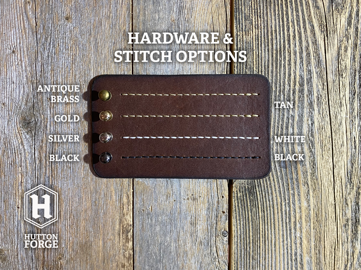 A brown leather swatch displaying hardware and stitch options. The swatch features antique brass, gold, silver, and black hardware. Stitching colors include tan, white, and black.