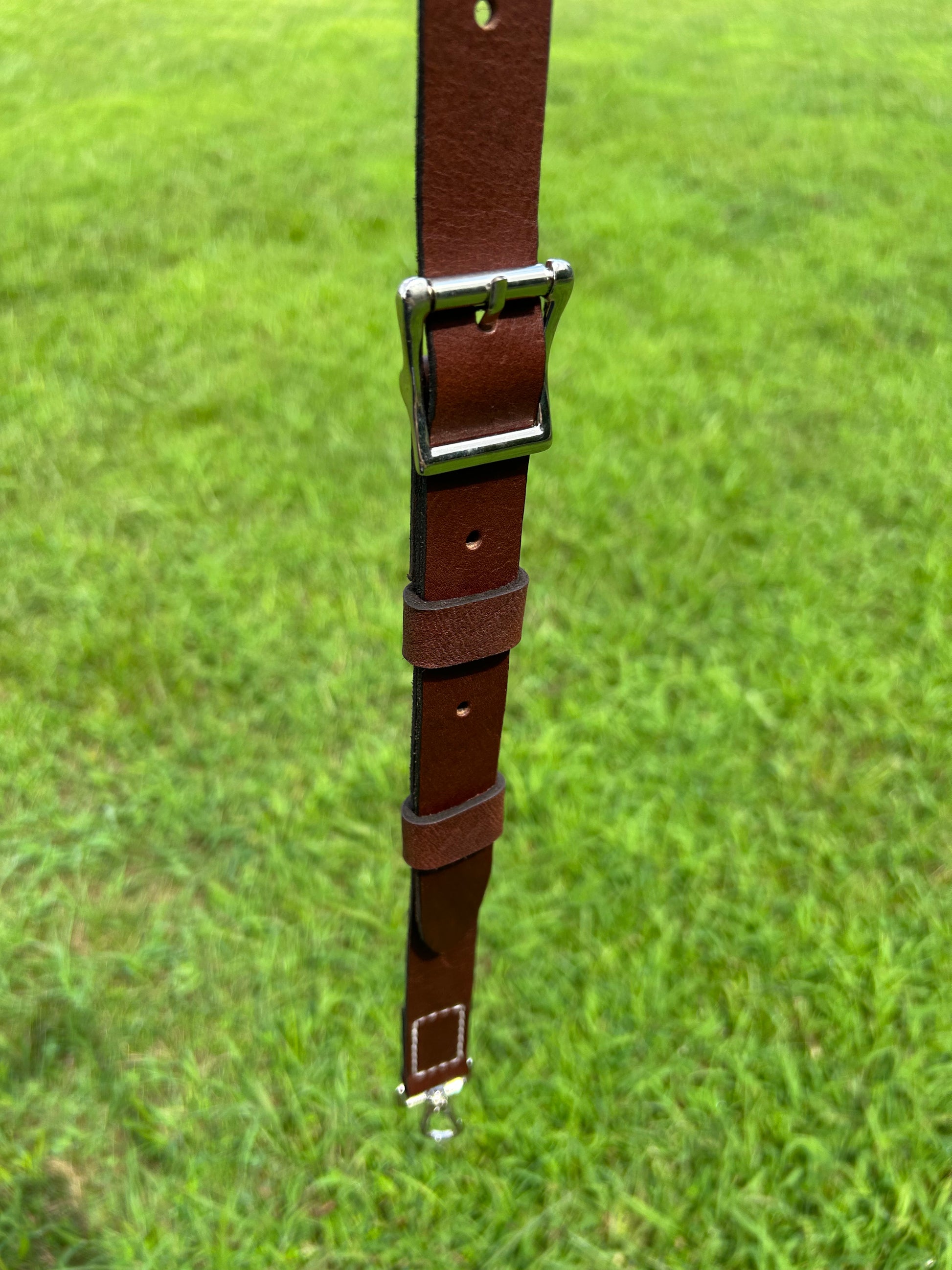 A close-up of a brown leather strap with silver metal hardware, hanging against a blurred green grass background.