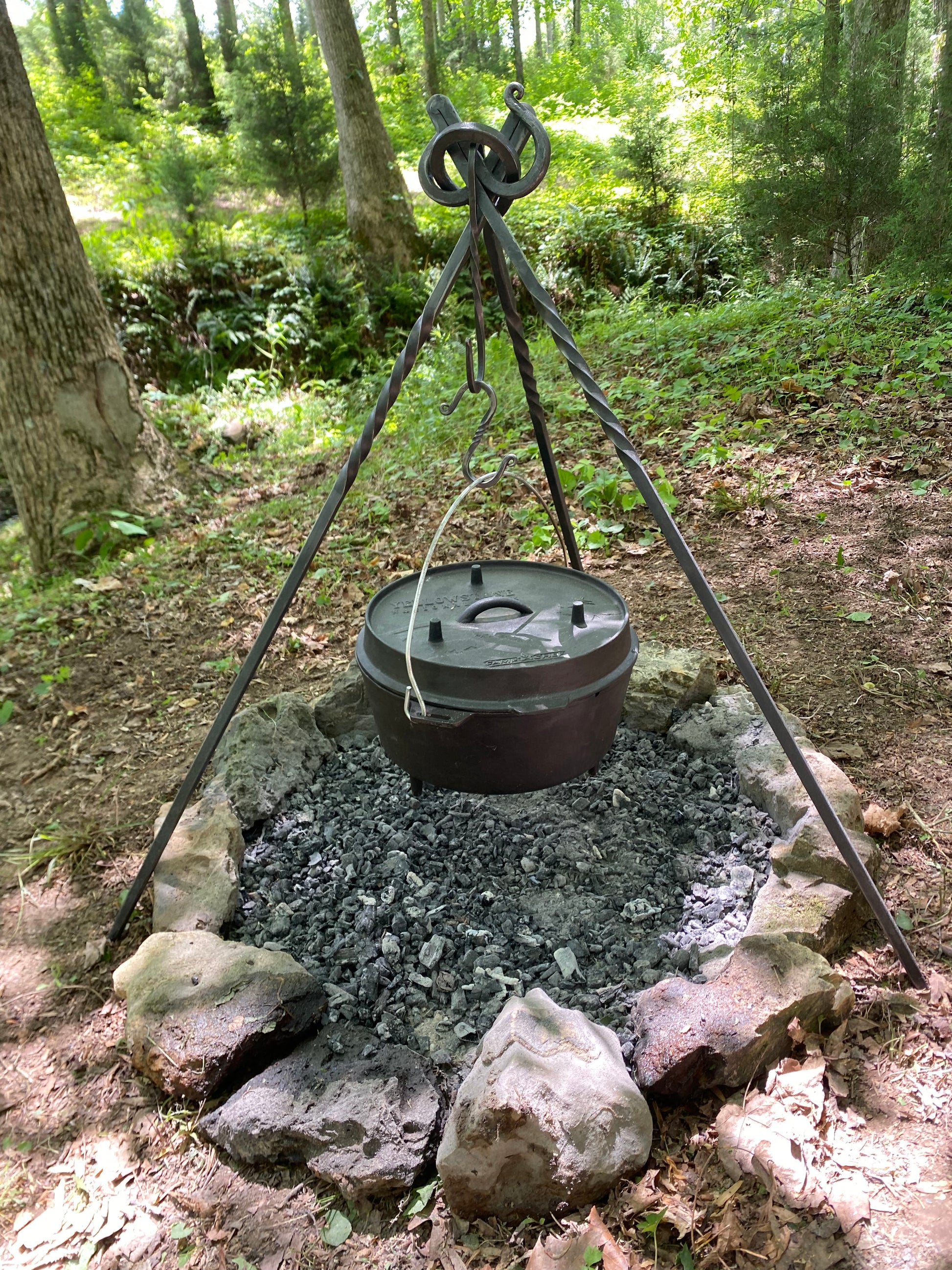 A tripod holding a pot over a fire in a lush green forest.